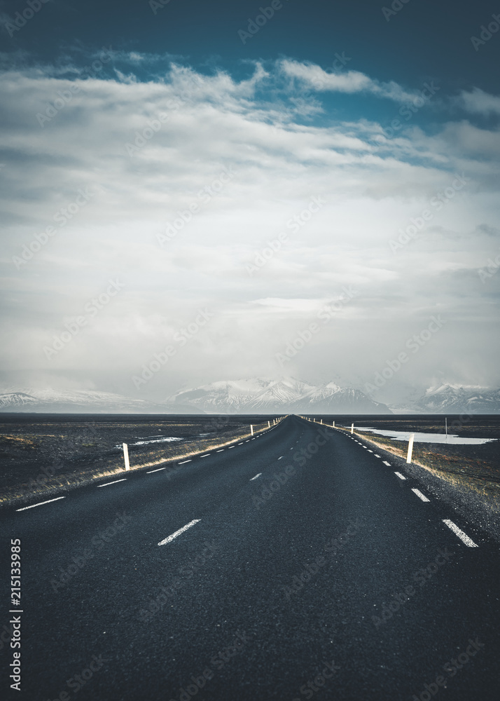 Fototapeta premium Street Highway Ring road No.1 in Iceland, with view towards mountain. Southern side if the country.