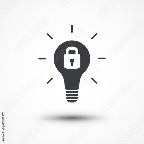 Patent idea or patented solution locked or protected light bulb icon. Intellectual property icon