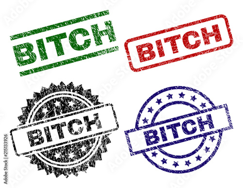 BITCH seal prints with damaged style. Black, green,red,blue vector rubber prints of BITCH caption with dirty style. Rubber seals with circle, rectangle, medal shapes.