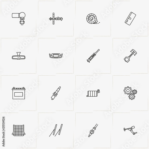 Auto Parts line icon set with auto part, rear view mirror and shock absorber