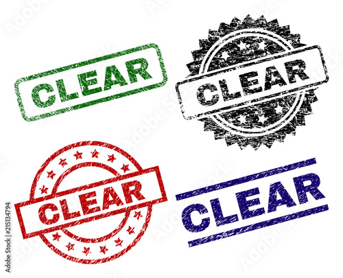 CLEAR seal prints with distress surface. Black, green,red,blue vector rubber prints of CLEAR tag with grunge surface. Rubber seals with round, rectangle, medallion shapes.