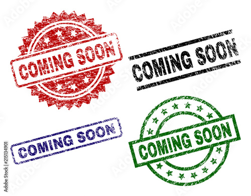 COMING SOON seal prints with corroded style. Black, green,red,blue vector rubber prints of COMING SOON title with corroded surface. Rubber seals with round, rectangle, medal shapes.