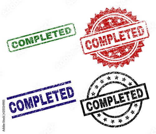 COMPLETED seal imprints with corroded style. Black, green,red,blue vector rubber prints of COMPLETED label with scratched style. Rubber seals with circle, rectangle, medal shapes.