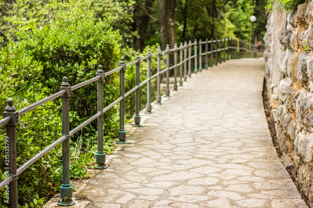 garden alley way outdoor park concept of one empty stone road for walking in waterfront district between trees and plants garden alley way outdoor park concept of one empty stone road for walking in waterfront district between trees and plants