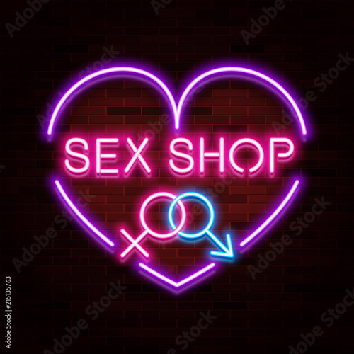 Sex shop logo, neon realistic text design, adult store, vector illustration