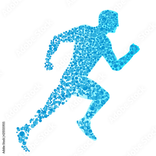 Abstract silhouette running man of flying blue particles isolated on white background. Healthy lifestyle concept. Vector illustration.