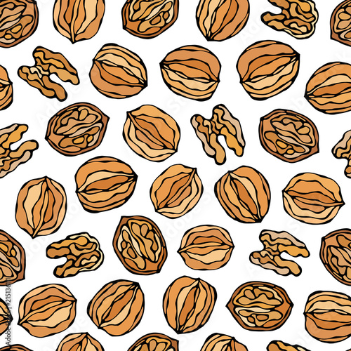 Walnut Seamless Endless Pattern. Whole and Peeled Walnuts. Autumn or Fall Harvest Collection. Realistic Hand Drawn High Quality Vector Illustration. Doodle Style.