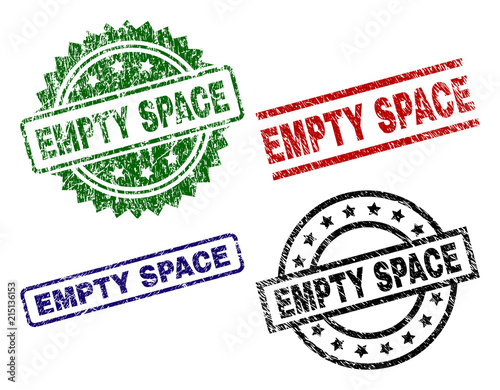 EMPTY SPACE seal prints with corroded texture. Black, green,red,blue vector rubber prints of EMPTY SPACE label with scratched texture. Rubber seals with circle, rectangle, medal shapes.