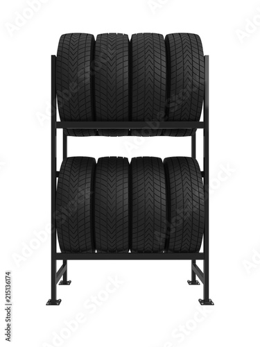 Car tires on rack. 3d illustration.