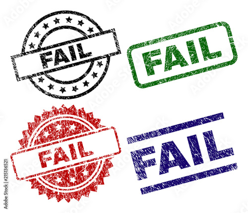 FAIL seal prints with distress texture. Black, green,red,blue vector rubber prints of FAIL label with dirty texture. Rubber seals with round, rectangle, medal shapes.