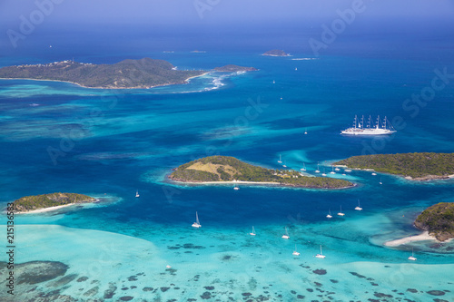 St Vincent and The Grenadines, Aerial view of the Tobago Cays and Club Med 2 cruise ship photo