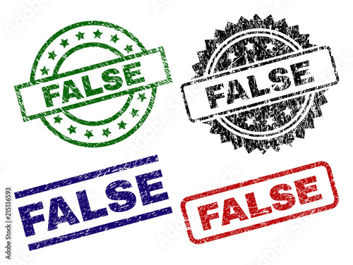 FALSE seal prints with distress style. Black, green,red,blue vector rubber prints of FALSE caption with grunge style. Rubber seals with round, rectangle, medallion shapes.