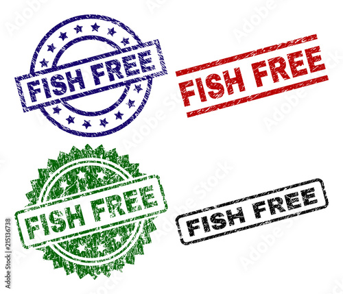 FISH FREE seal prints with corroded style. Black, green,red,blue vector rubber prints of FISH FREE tag with corroded surface. Rubber seals with circle, rectangle, medal shapes.