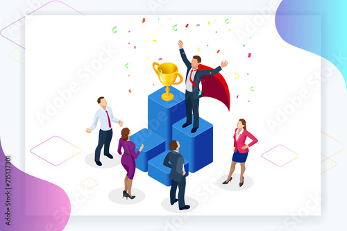 Isometric winner business and achievement concept. Business success. Big trophy for businessmen.