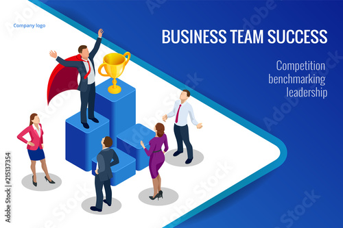 Isometric winner business and achievement concept. Business success. Big trophy for businessmen.