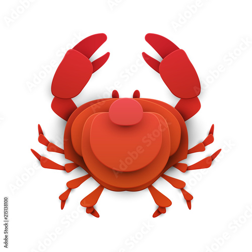 Crab in trendy paper cut craft graphic style. Cartoon sea animal. Modern design for advertising, branding greeting card, cover, poster, banner. Vector illustration.