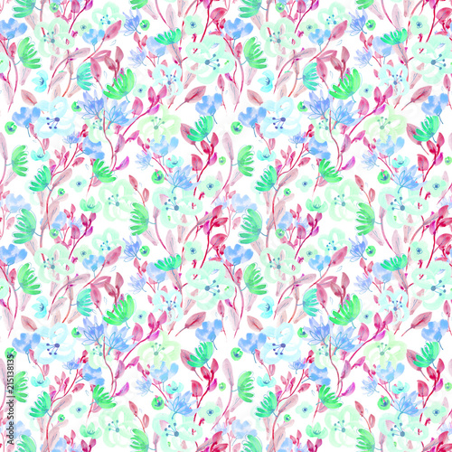 Seamless pattern: watercolor and gold ballpoint pen hand drawn flowers on a white isolated background
