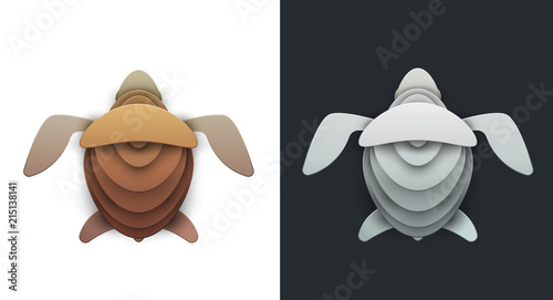Turtle in trendy paper cut craft graphic style. Cartoon sea animal. Modern design for advertising, branding greeting card, cover, poster, banner. Vector illustration.
