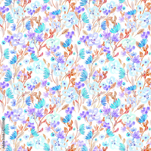 Seamless pattern: watercolor and gold ballpoint pen hand drawn flowers on a white isolated background