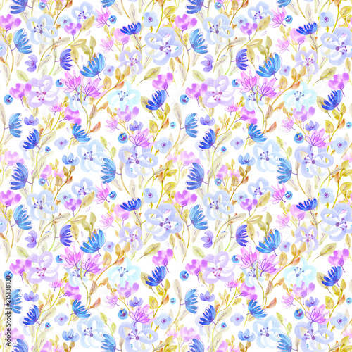 Seamless pattern: watercolor and gold ballpoint pen hand drawn flowers on a white isolated background