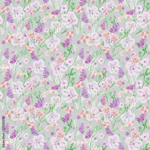 Seamless pattern: watercolor and gold ballpoint pen hand drawn flowers on a light violet grey isolated background