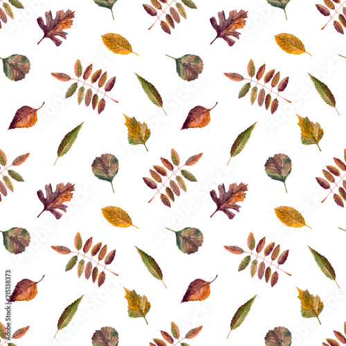 Seamless pattern wich autumn leves. Hand drawn watercolor illustration. Fabric textile wallpaper print texture. October mood	