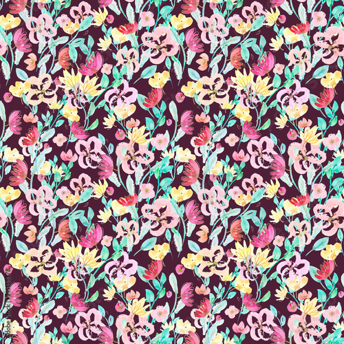 Seamless pattern: watercolor and gold ballpoint pen hand drawn flowers on a purple burgundy isolated background