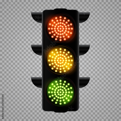 Realistic 3d led traffic lights isolated on transparent background. Vector illustration.