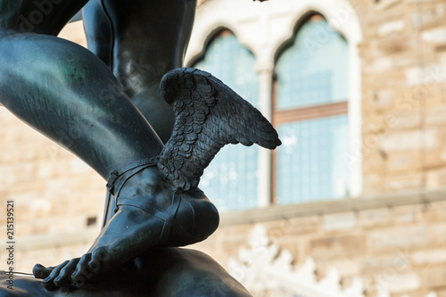 Close up of the mythological winged sandals. Concept of velocity, speed, messenger. photo