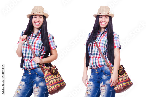 Woman with bag isolated on white photo