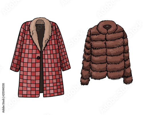 Set of hand drawn women clothes. Winter coats. Fashion collection. Colored doodle illustration.