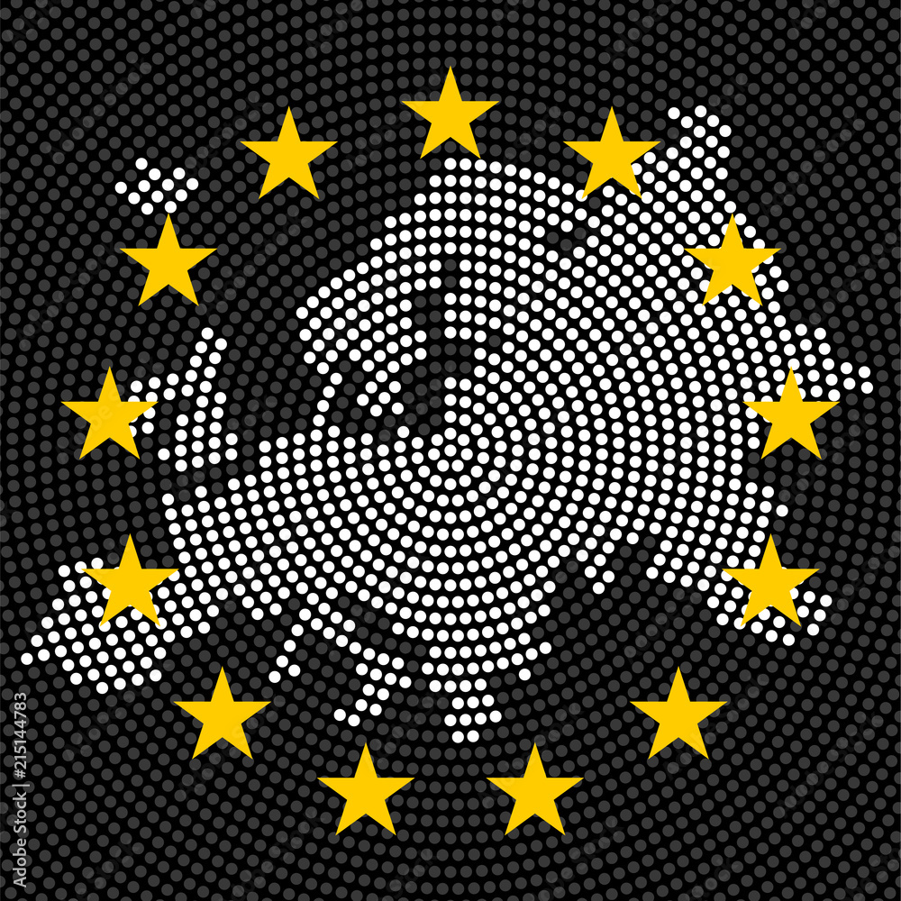 Abstract Europe map of radial dots on background EU flag, halftone concept. Vector illustration, eps 10