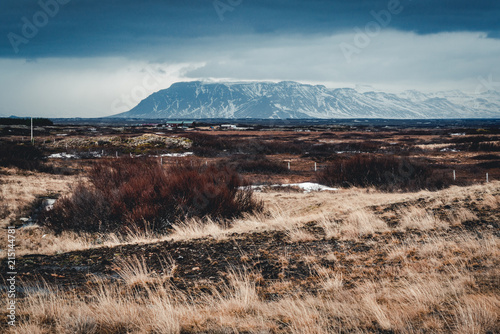 Street Highway Ring road No.1 in Iceland, with view towards mountain. Southern side if the country.