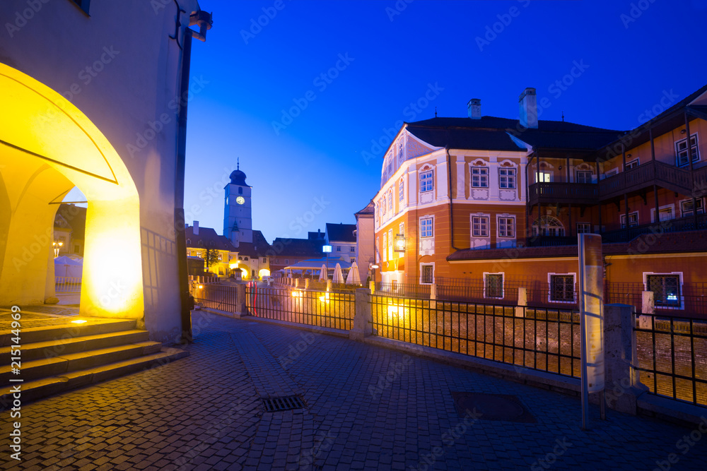 Sibiu streets with cathedral in night
