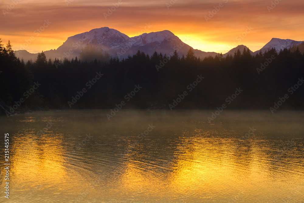 Amazing sunrise of Hintersee lake of Bavarian Alps