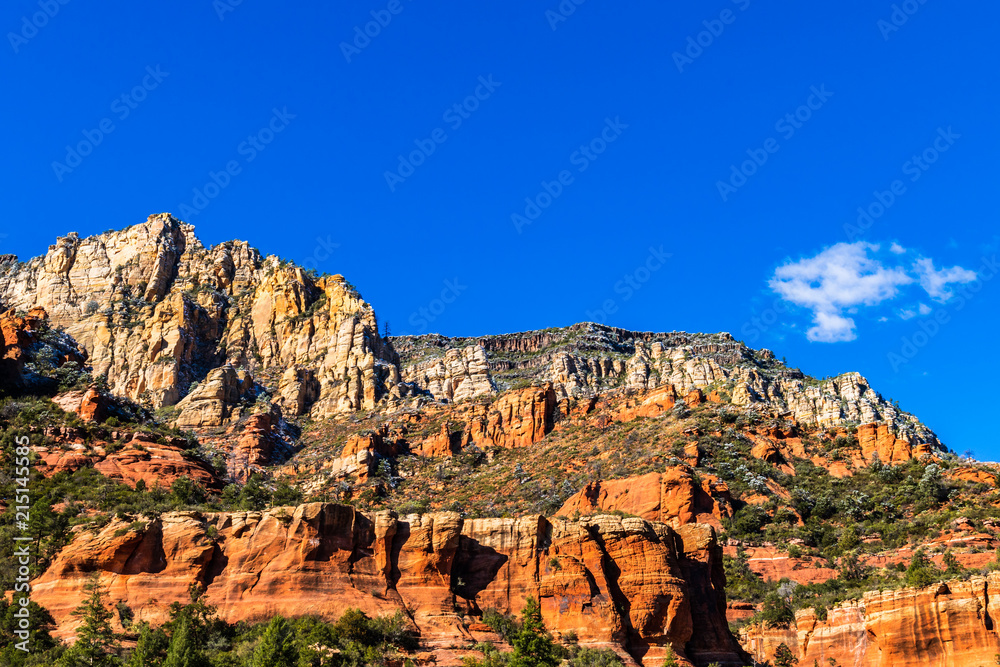 Rocky, vividly colored hillside in Sedona, Arizona. Bright red sandstone stands out clearly against the green of the local desert forest. Deep blue sky with a single white cloud is in the background.