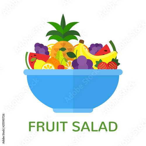 Fresh fruit salad in blue bowl isolated on white background. Healthy food concept. Vegan menu. Vector illustration