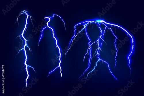 Set of lightnings. Electric light thunder spark. Realistic lightning on dark background. Vector illustration