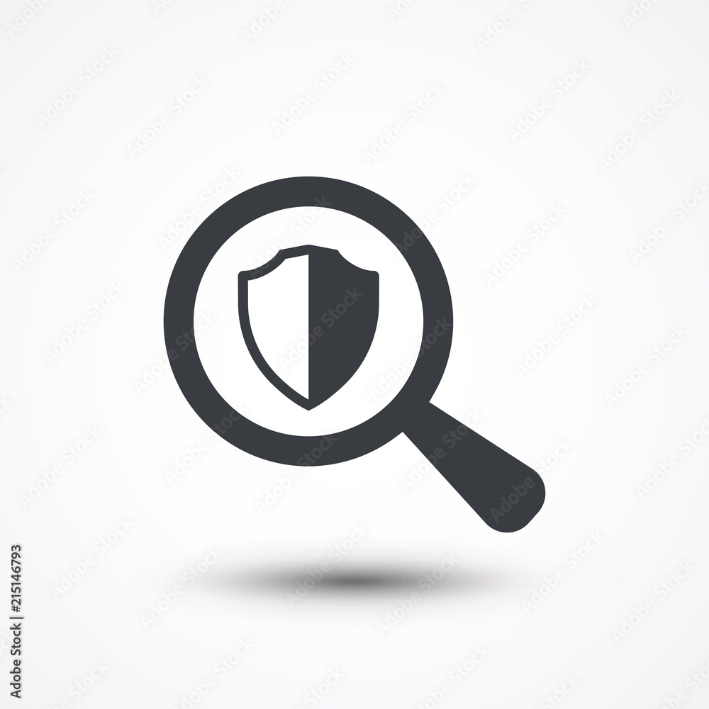 Magnifying glass with shield icon on white background Magnifying glass with shield icon on white background