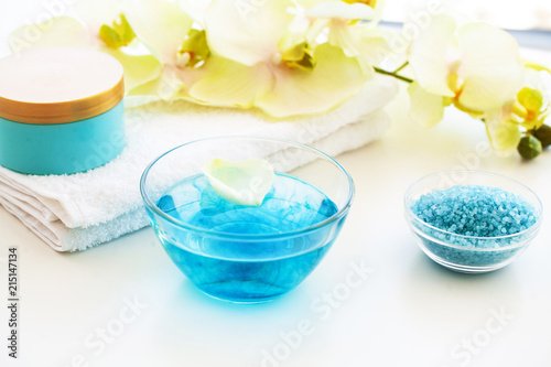 Spa. Blue Bath Salt Beauty Treatment on White Background