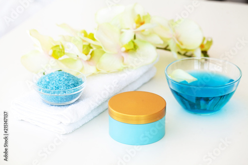 Spa. Blue Bath Salt Beauty Treatment on White Background