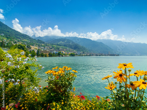 Landscape of Montreux city in Switzerland, view from embankment, summer time, sunny morning