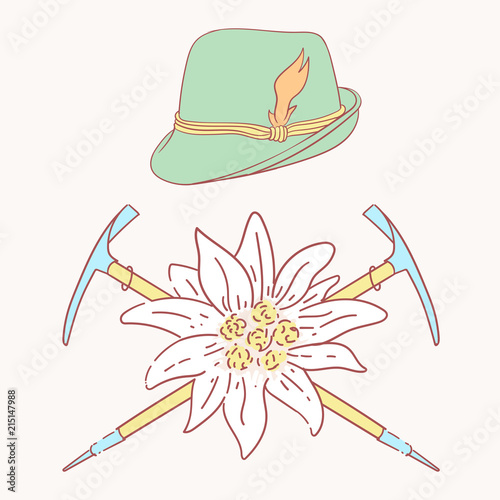 edelweiss tyrolean hat alpenstock flower symbol alpinism alps germany logo