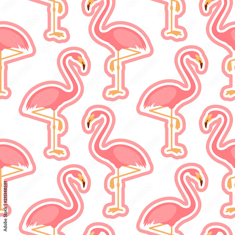 Fototapeta premium Seamless pattern with pink flamingo, flamingo figure with outline, trend background, vector