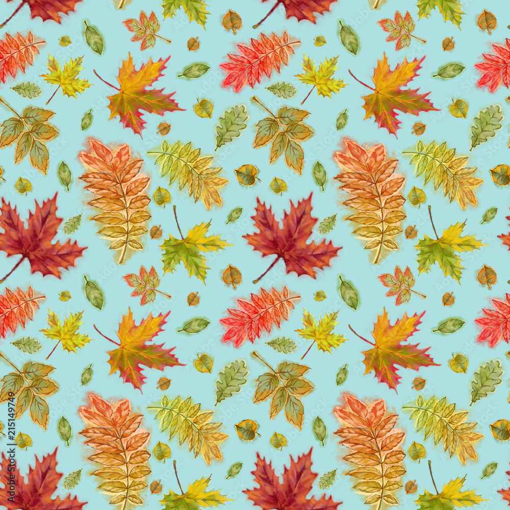 Autumn Golden Leaves Seamless Pattern on Blue Background. Watercolor Botanical Rapport for Print, Background, Gift Wrap, and Textile. Thanksgiving, Back to School, and Harvest Time Decor. Autumn Golden Leaves Seamless Pattern on Blue Background. Watercolor Botanical Rapport for Print, Background, Gift Wrap, and Textile. Thanksgiving, Back to School, and Harvest Time Decor.