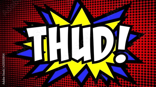 A comic strip cartoon animation, with the word Thud appearing. Green and halftone background, star shape effect.

