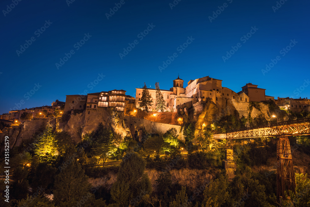 Night view of famous hanging houses in Cuenca, Spain.