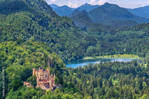 Quadro su tela Fussen, Germany- June 10, 2018: Lake Alpsee and Hohenschwangau Castle