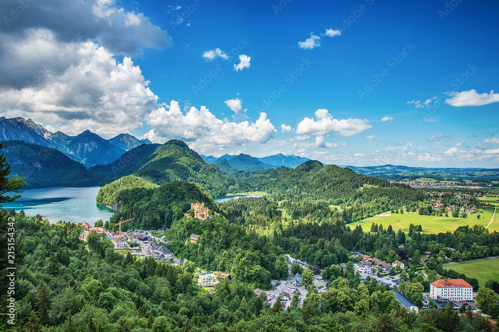 Fussen, Germany- June 10, 2018: Lake Alpsee and Hohenschwangau Castle. View of Schloss Hohenschwangau, ancestral home to Bavaria’s King Ludwig II, builder of some of Germany’s most famous castles.