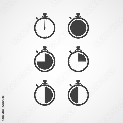 Stopwatch icon set. Timer icon. Chronometer. Timekeeper. Chronoscope. Time check. Seconds timer, seconds counter. Timing device. Timer quarter, half, three quarter, full. 15, 30, 45 seconds, minutes